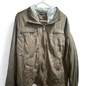 Torrid women’s utility jacket with grey hood and double zippers